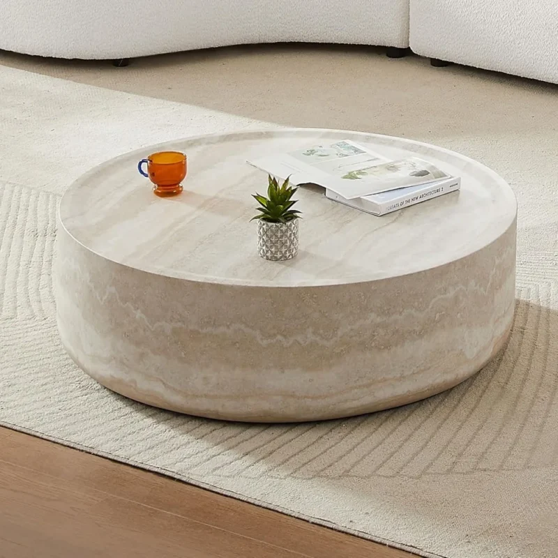Round Travertine Textured Mid-Century Modern Coffee Table with Fiberglass Center - Image 5