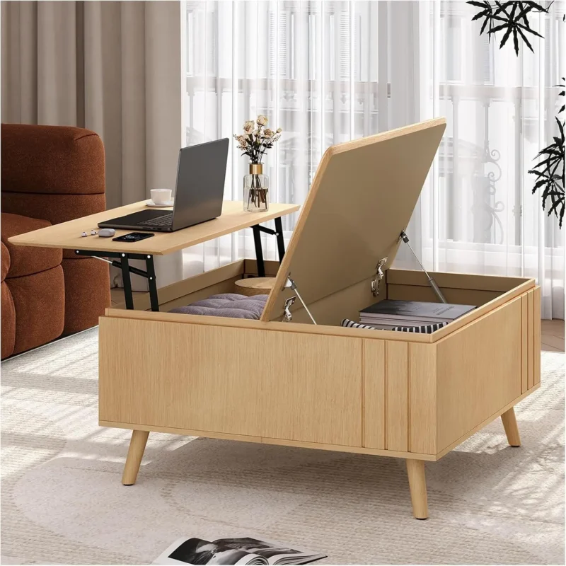 Square Wood Lift-Top Mid-Century Modern Coffee Table with Storage Compartment - Image 10
