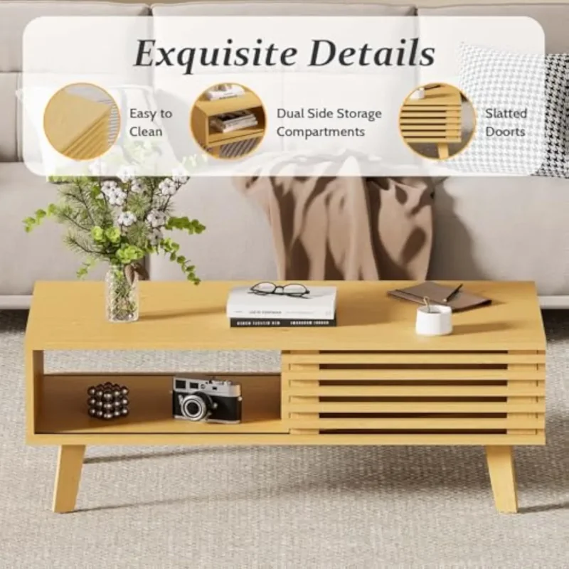 Rectangular Oak Mid-Century Modern Coffee Table with Storage Door - Image 6
