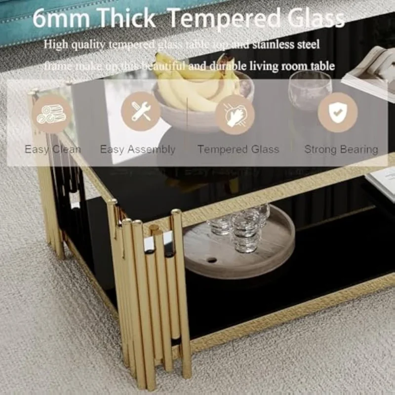 Rectangular Wooden Mid-Century Modern Coffee Table with Black Tempered Glass Top - Image 4