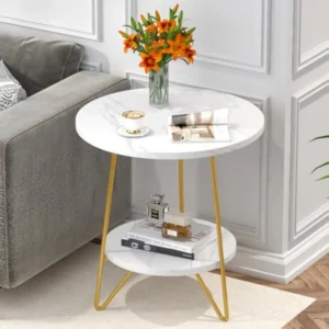 Round Faux Marble Two-Tier Mid-Century Modern Side Table with Gold Base