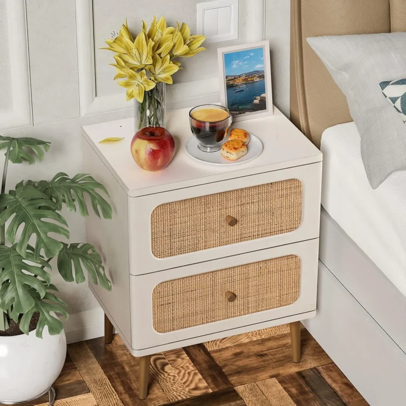 White Rattan Wicker 2-Drawer Nightstand Set Modern Farmhouse Bedside Tables - Image 4