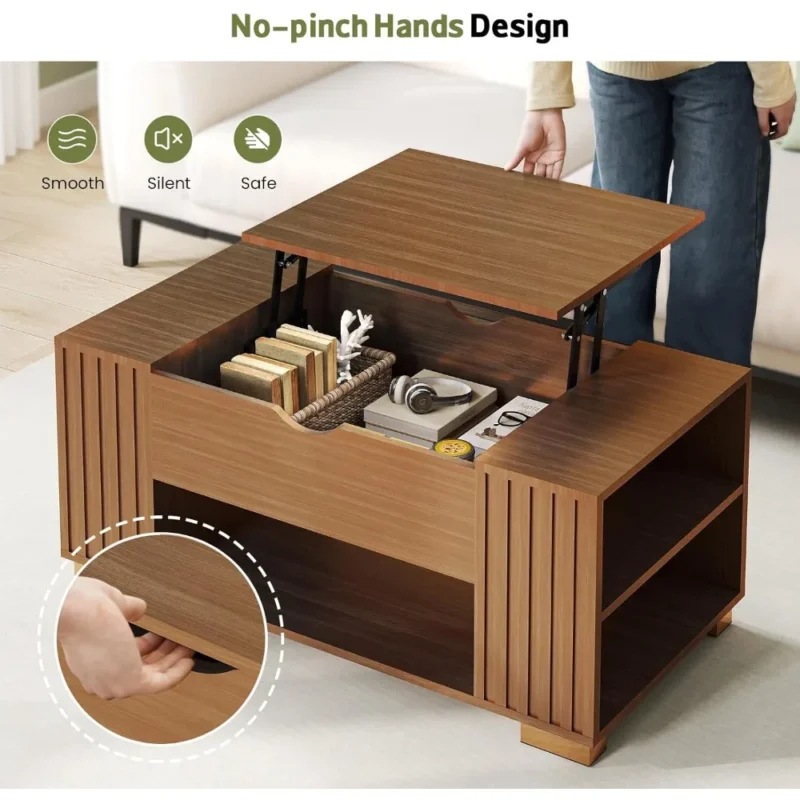 Square Fluted Wood Mid-Century Modern Coffee Table with Lift Top Storage - Image 5