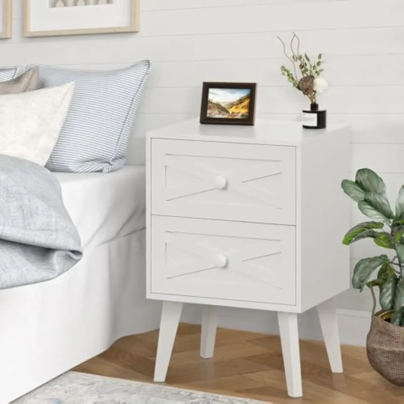 White Mid-Century Modern Nightstand Set with Barn Door Design and Two Drawers - Image 6