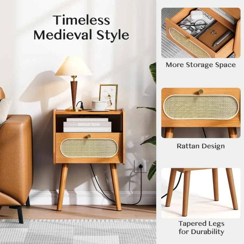 Modern Mid-Century Nightstand Set with Charging Station & Rattan Drawer - Image 4
