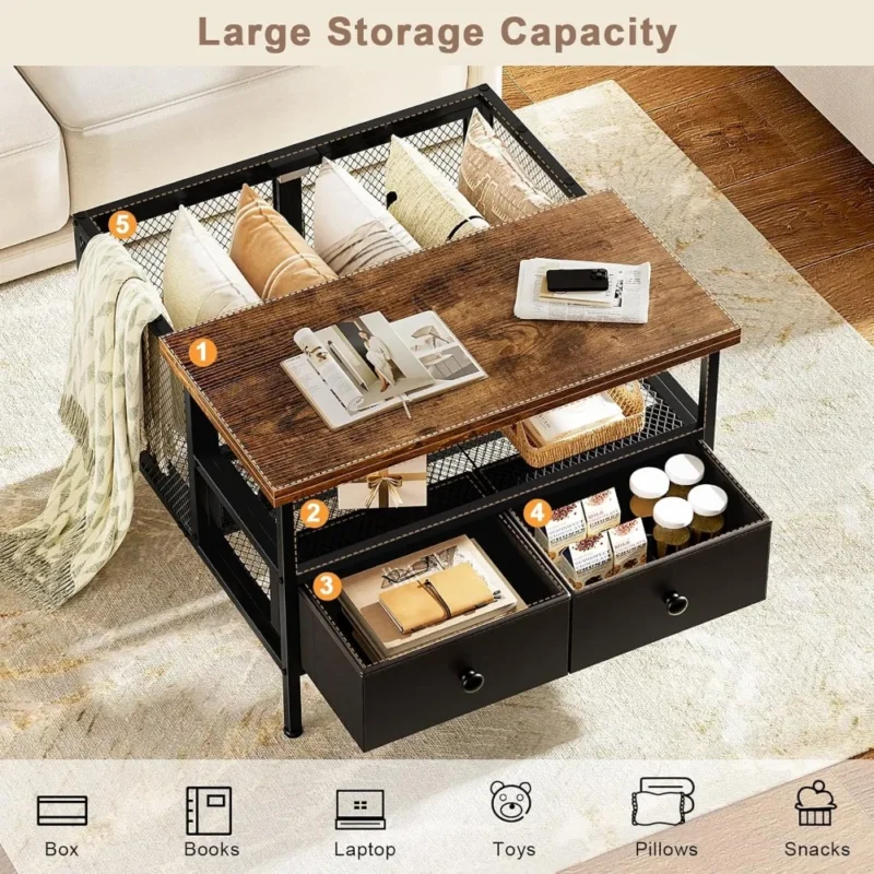 Square Lift-Top Wood Coffee Table with Metal Frame Modern Design - Image 5