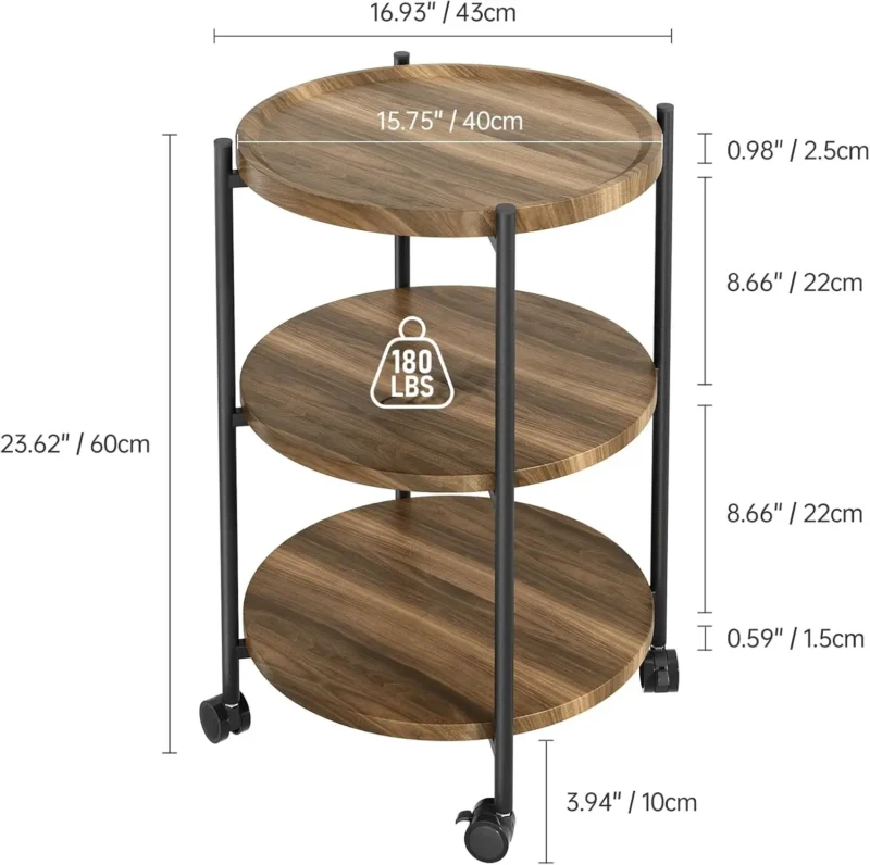 Round 3-Tier Mid-Century Modern Side Table with Wheels for Small Spaces - Image 3