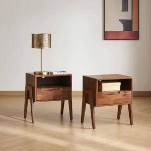 Wooden Mid-Century Modern Nightstand with Drawer and Charging Station