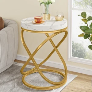 Round Faux Marble Top Side Table with Gold X-Base Modern Accent Table