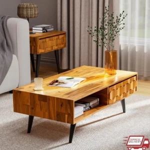 Rectangular Teak Wood Mid-Century Modern Coffee Table with Storage Drawers