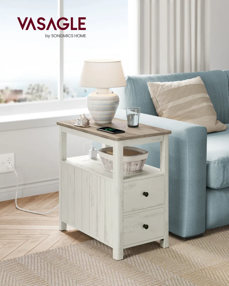 Rectangular Minimalist Modern Side Table with USB Charging Station and Dual Storage Drawers - Image 2