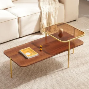 Rectangular Glass Two-Tier Mid-Century Modern Coffee Table with Wooden Base