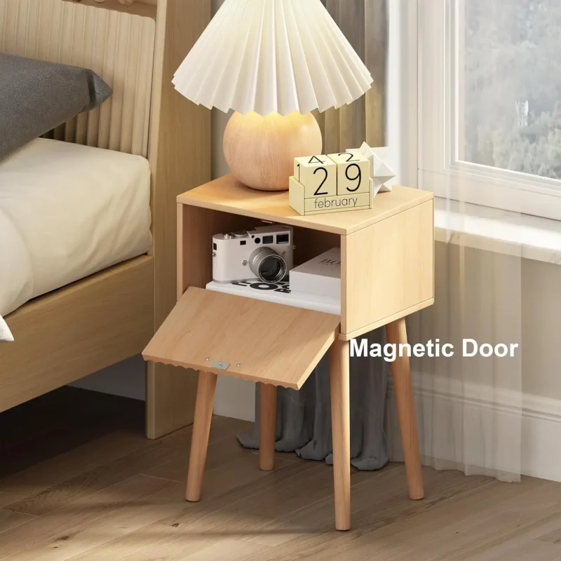 Fluted Door Mid-Century Modern Bedside Tables Set of 2 with Solid Wood Legs - Image 4