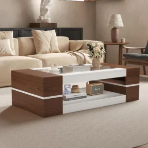Rectangular Walnut Glass Top Mid-Century Modern Coffee Table with Storage Shelf