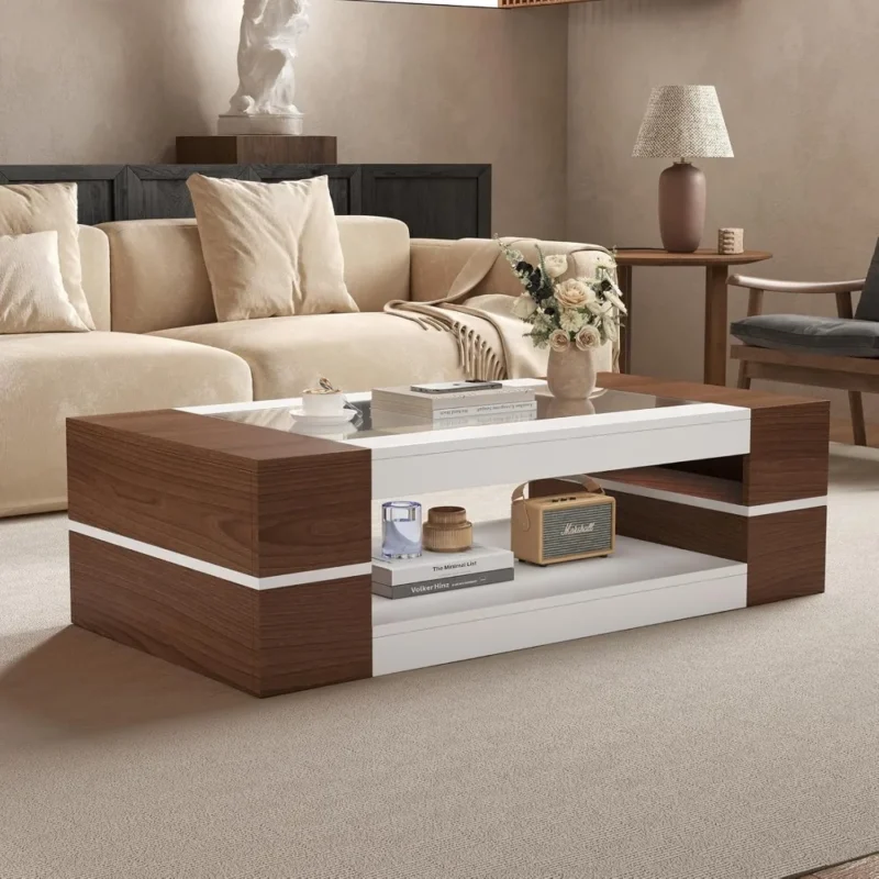 Rectangular Walnut Glass Top Mid-Century Modern Coffee Table with Storage Shelf