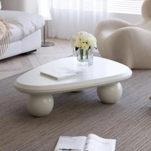Curved Organic White Coffee Table with Round Legs Mid-Century Modern Design