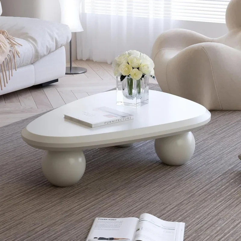 Curved Organic White Coffee Table with Round Legs Mid-Century Modern Design