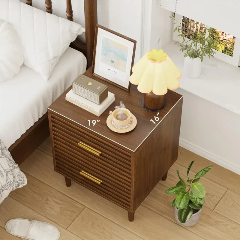 Walnut Wood Mid-Century Modern Nightstands Set of 2 with Storage Drawers - Image 4