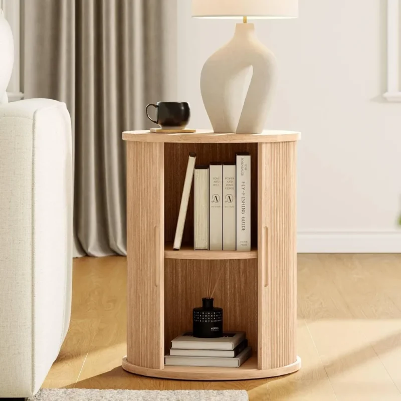 Round Engineered Wood Mid-Century Modern Side Table with Tambour Door Storage - Image 2