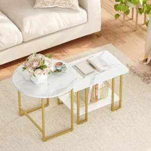 Oval Faux Marble Nesting Coffee Tables Set of 2 Mid-Century Modern Side Tables with Metal Frame