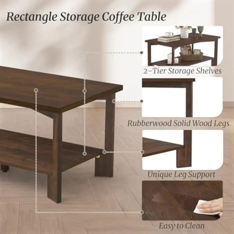 Rectangular Dark Walnut Mid-Century Modern Coffee Table with Storage Shelf - Image 6