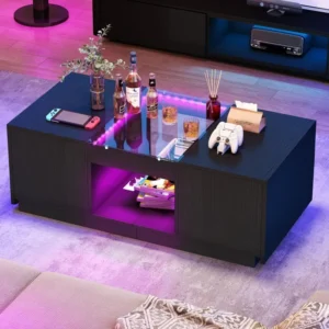 Rectangular LED Coffee Table with Charging Station and Storage Drawers