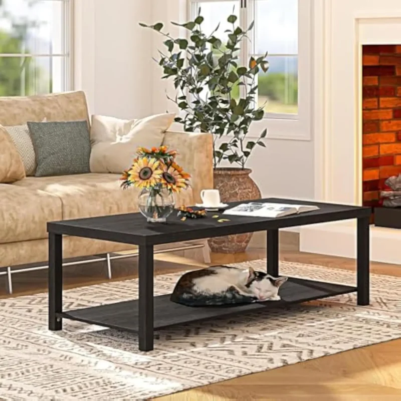 Rectangular Wood Mid-Century Modern Coffee Table with Storage Shelf - Image 5
