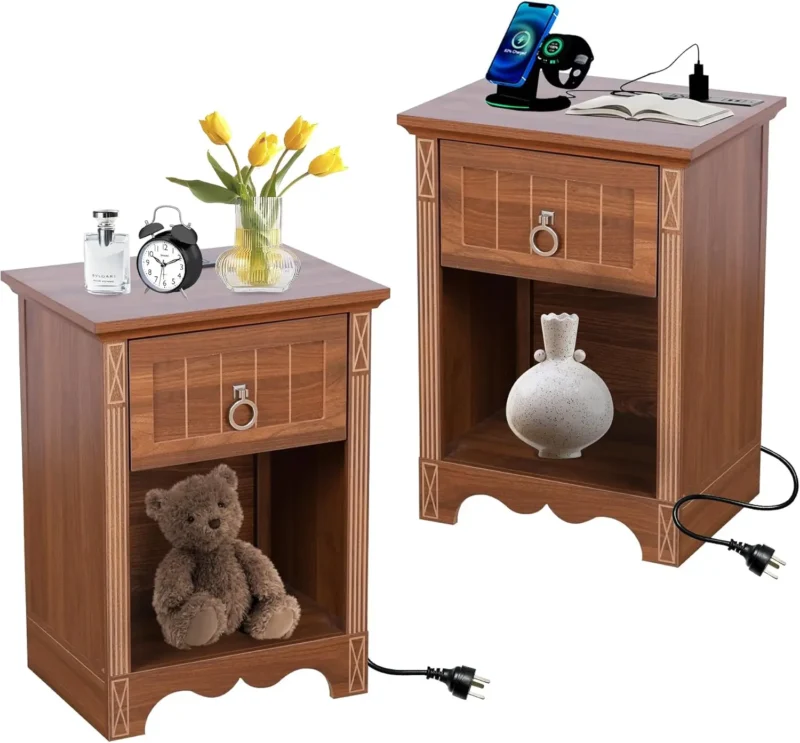 Mid-Century Modern Nightstand Set with Storage Drawer and Open Compartment - Image 9