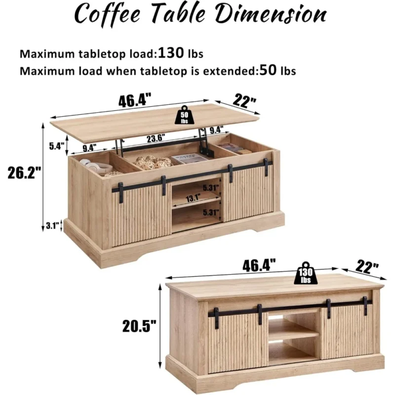 Fluted Rectangular Lift Top Coffee Table with Storage Compartment and Sliding Door - Image 2