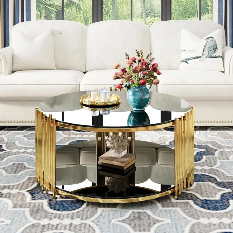 Round Black Glass Mid-Century Modern Coffee Table with Gold Metal Base - Image 3