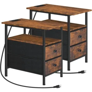 Slim End Tables Set with Charging Station and Storage Drawers