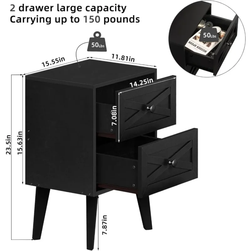 Black Two-Drawer Barn Door Mid-Century Modern Nightstand with Storage - Image 3