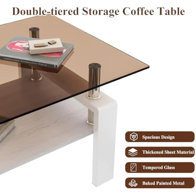 Rectangular Glass Top Mid-Century Modern Coffee Table with Wooden Shelf - Image 4