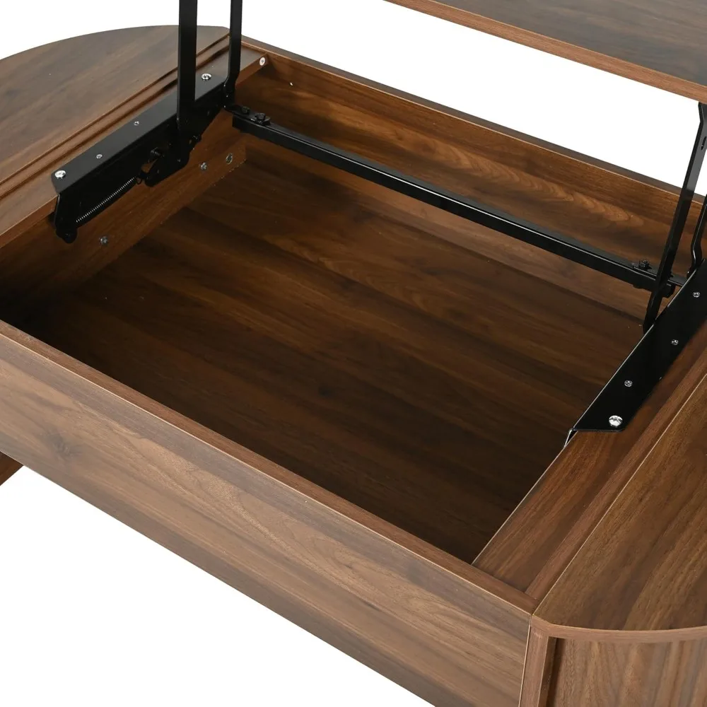Innovative oval lift-top coffee table combining mid-century aesthetics with practical storage solutions