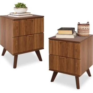 Fluted Walnut Rectangular Mid-Century Modern Nightstand Set with 2 Drawers