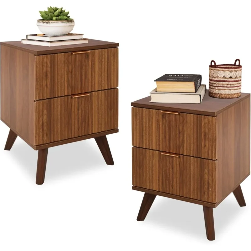 Fluted Walnut Rectangular Mid-Century Modern Nightstand Set with 2 Drawers