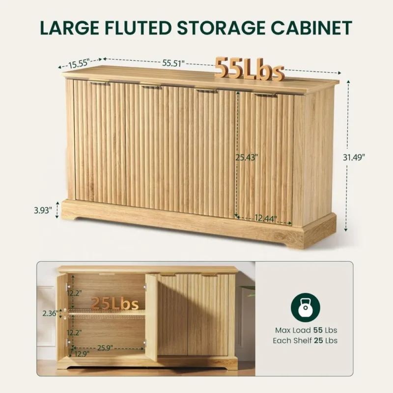 Fluted Oak Mid-Century Modern Sideboard with 4 Doors and Adjustable Shelving - Image 2