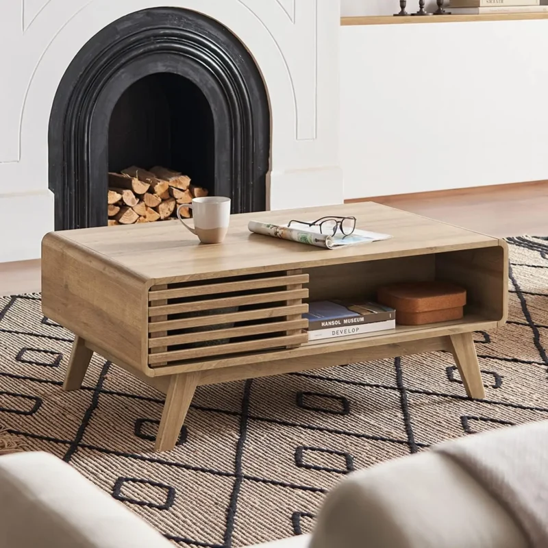Rectangular Fluted Walnut Mid-Century Modern Coffee Table with Storage - Image 8