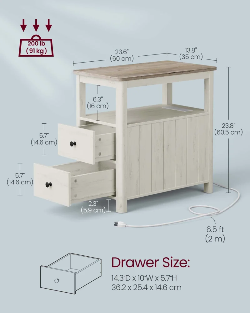 Rectangular Minimalist Modern Side Table with USB Charging Station and Dual Storage Drawers - Image 6
