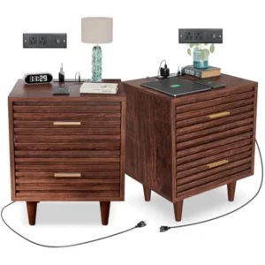 Modern Wooden Nightstands with Charging Station and Drawers Set of 2