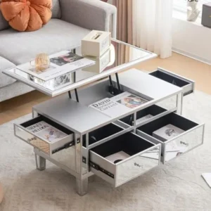 Rectangular Mirrored Lift Top Coffee Table with Storage Drawers