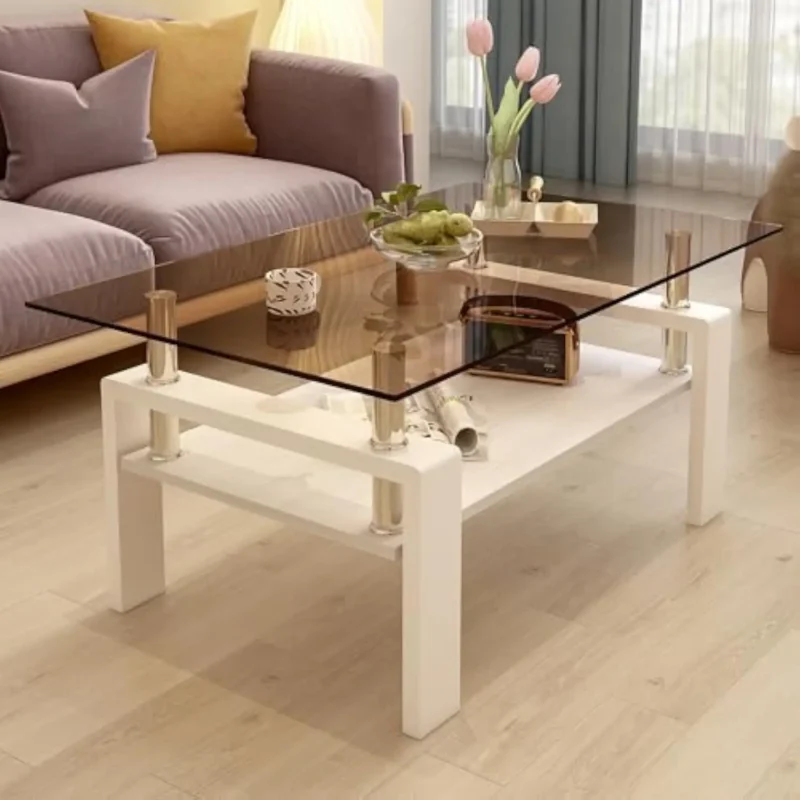 Rectangular Glass Top Mid-Century Modern Coffee Table with Wooden Shelf - Image 6
