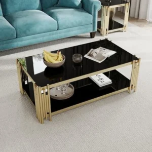 Rectangular Wooden Mid-Century Modern Coffee Table with Black Tempered Glass Top