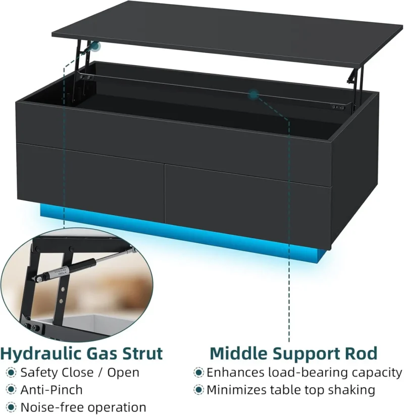 Black Lift Top Coffee Table with LED Lighting and Hidden Storage Modern - Image 6