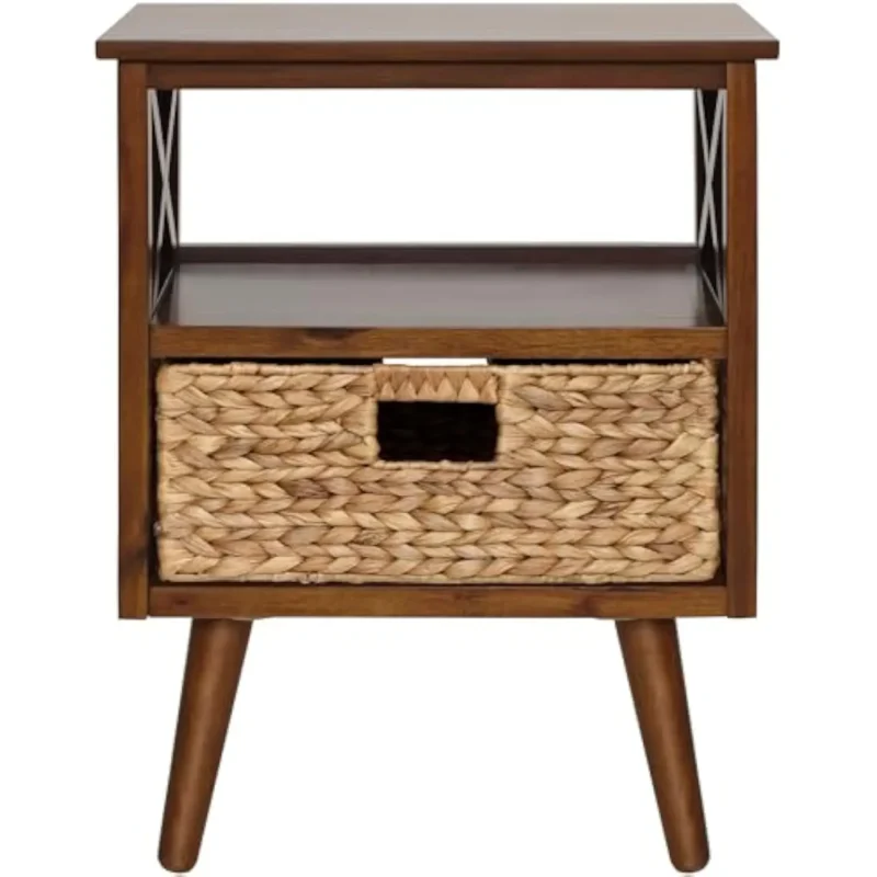 X-Shape Walnut Wood Mid-Century Modern Nightstand with Storage Shelf and Basket - Image 4