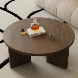Round Solid Wood Mid-Century Modern Coffee Table with X-Shaped Legs