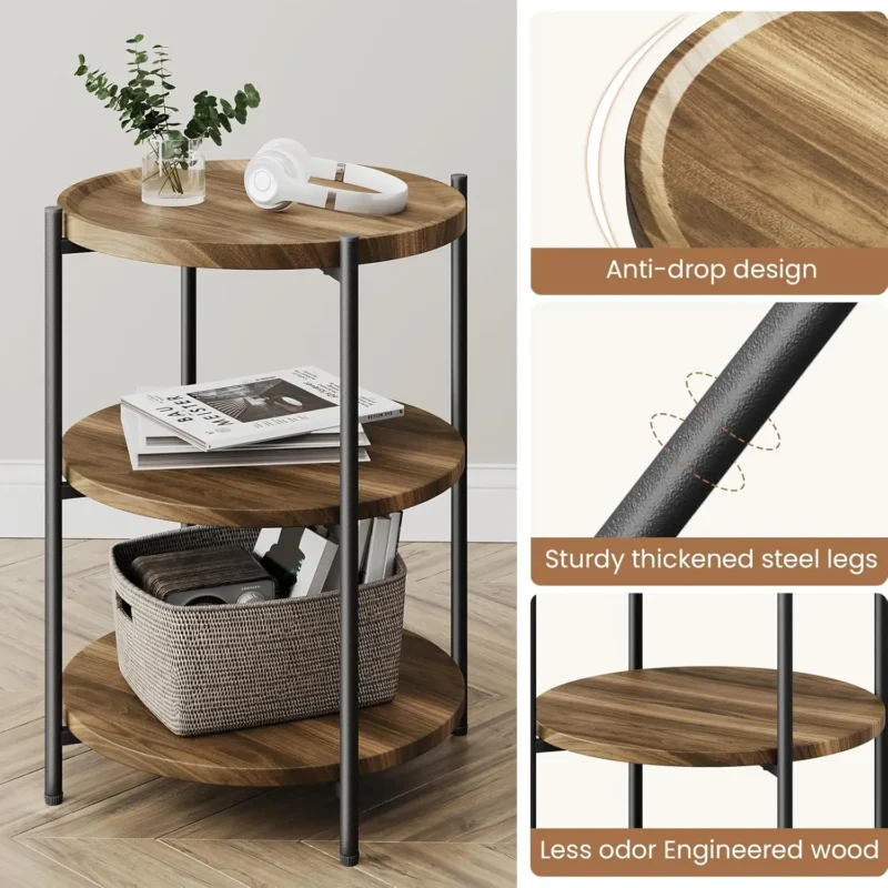 Round 3-Tier Mid-Century Modern Side Table with Wheels for Small Spaces - Image 4