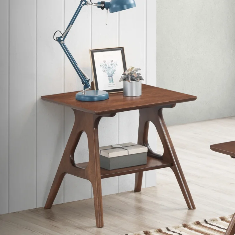 Rectangular Walnut Wood Mid-Century Modern End Table with Storage Shelf - Image 3