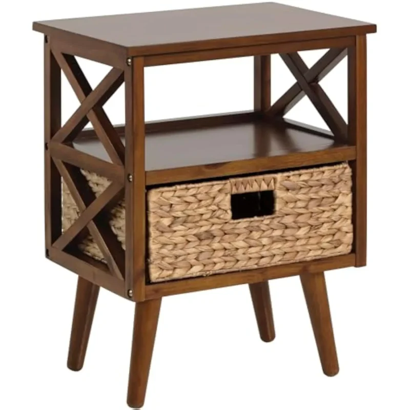 X-Shape Walnut Wood Mid-Century Modern Nightstand with Storage Shelf and Basket - Image 3