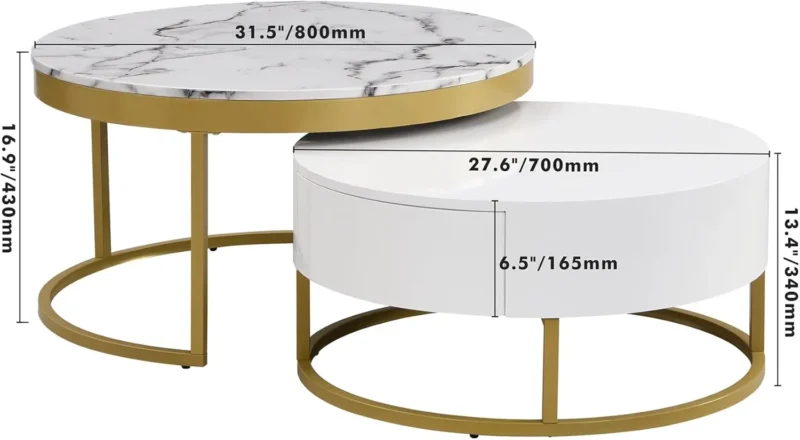 Round White Nesting Coffee Table Set with Storage Drawers Mid-Century Modern - Image 2